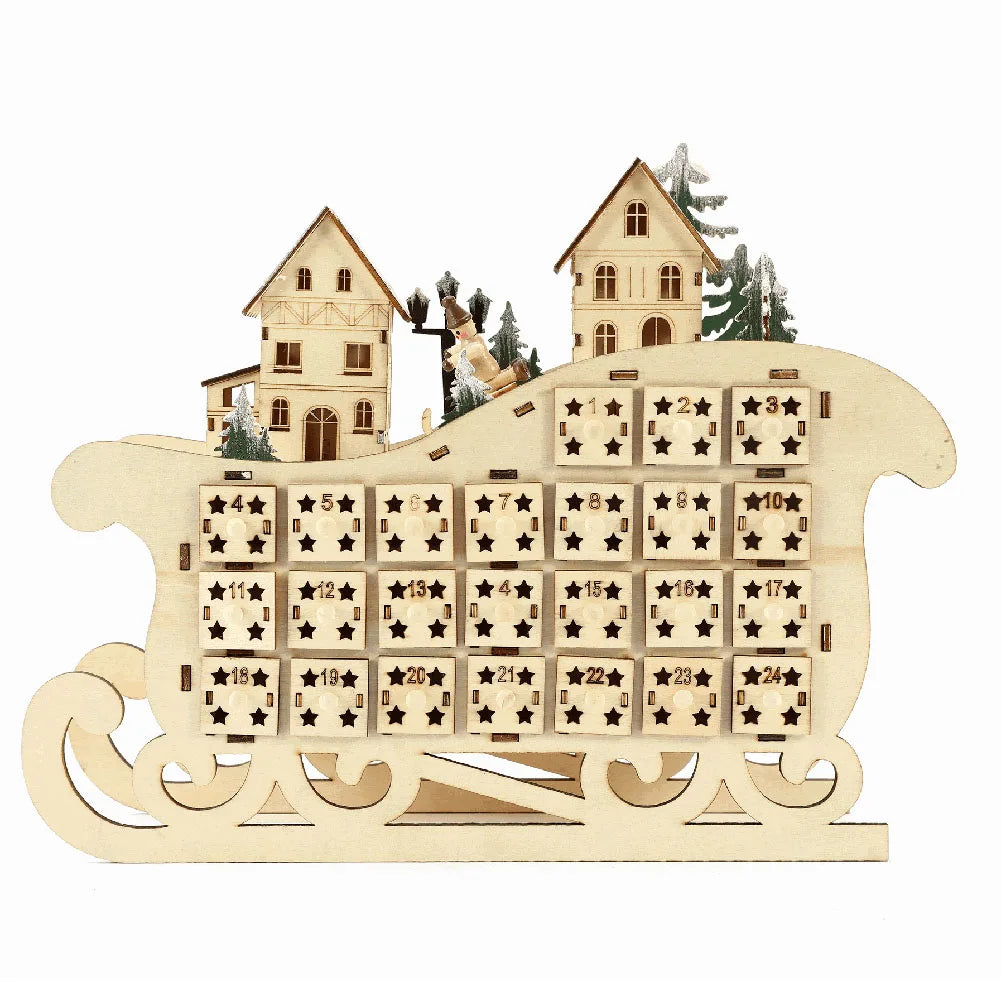 Light-Up Wooden Christmas Countdown Calendar — 24-Day Nativity/Alpine Scene Advent Box