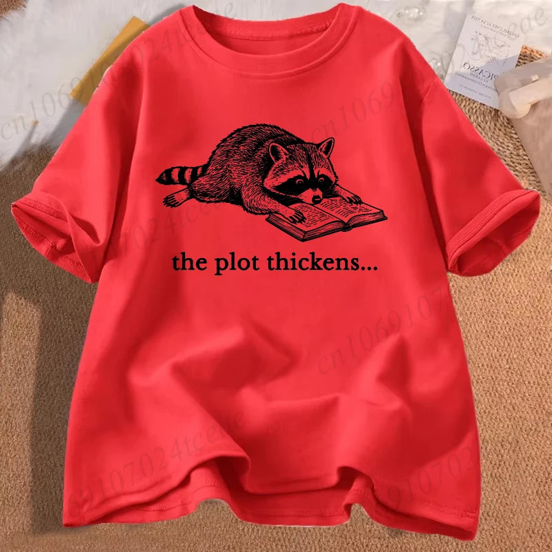 The Plot Thickens — Funny Reading Raccoon Book Lover T-Shirt