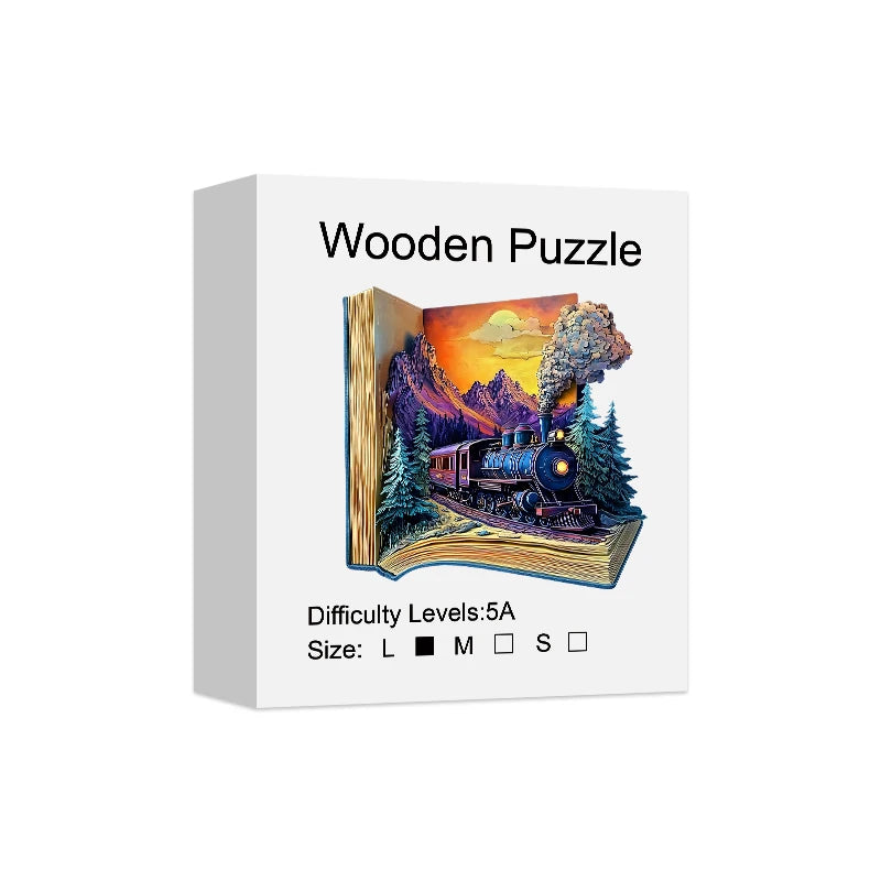 “Train in the Book” Wooden Jigsaw Puzzle — Artistic Modern Décor