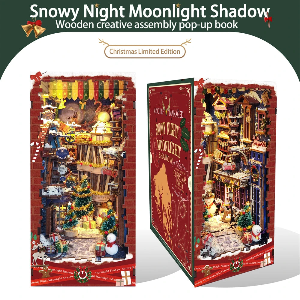 “Snowy Night Moonlight Shadow” DIY Wooden Book Nook — Handcrafted Bookshelf Insert Kit for Christmas & Home Décor