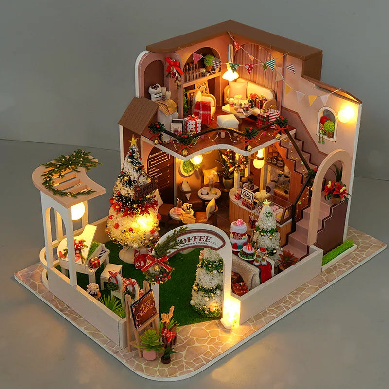DIY Christmas Book Nook Cabin Kit — Miniature Wooden Bookshelf Insert with Touch Light | Festive Bookstand Craft & Decoration