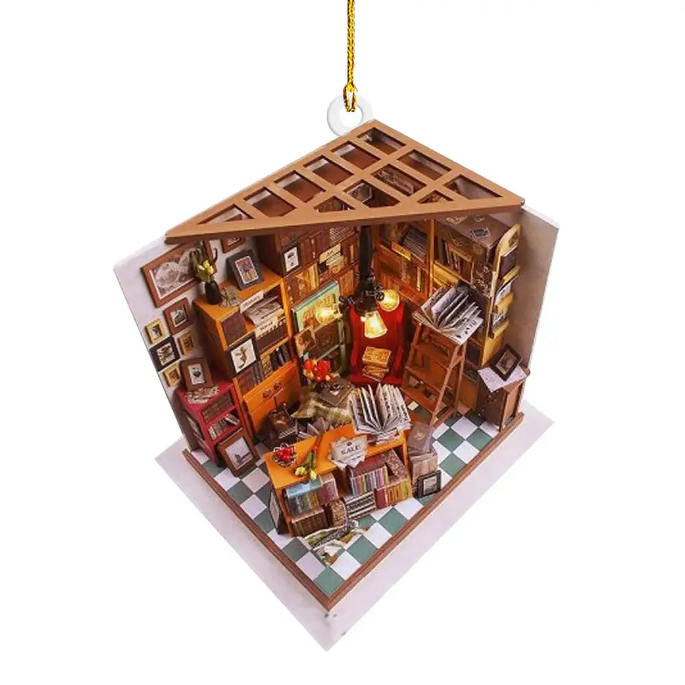 Book Lover Christmas Tree Decorations, Acrylic Hanging Ornaments in Bookstore, Shelf & Library Designs