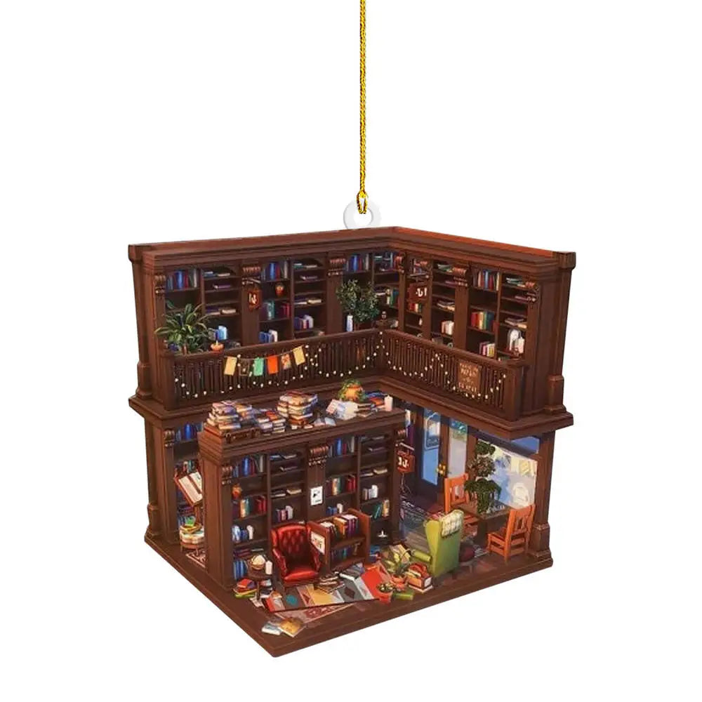 Book Lover Christmas Tree Decorations, Acrylic Hanging Ornaments in Bookstore, Shelf & Library Designs