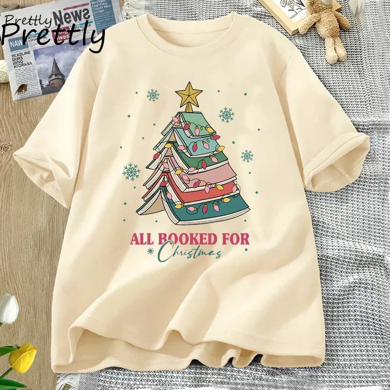 Book Tree Christmas T-Shirt — “All Booked for Christmas” Tee for Book Lovers, Librarians & Teachers | Festive Bookish Gift