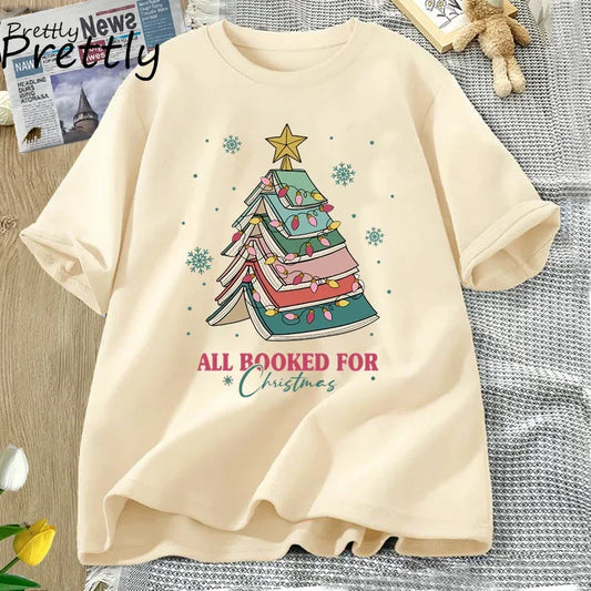 Book Tree Christmas T-Shirt — “All Booked for Christmas” Tee