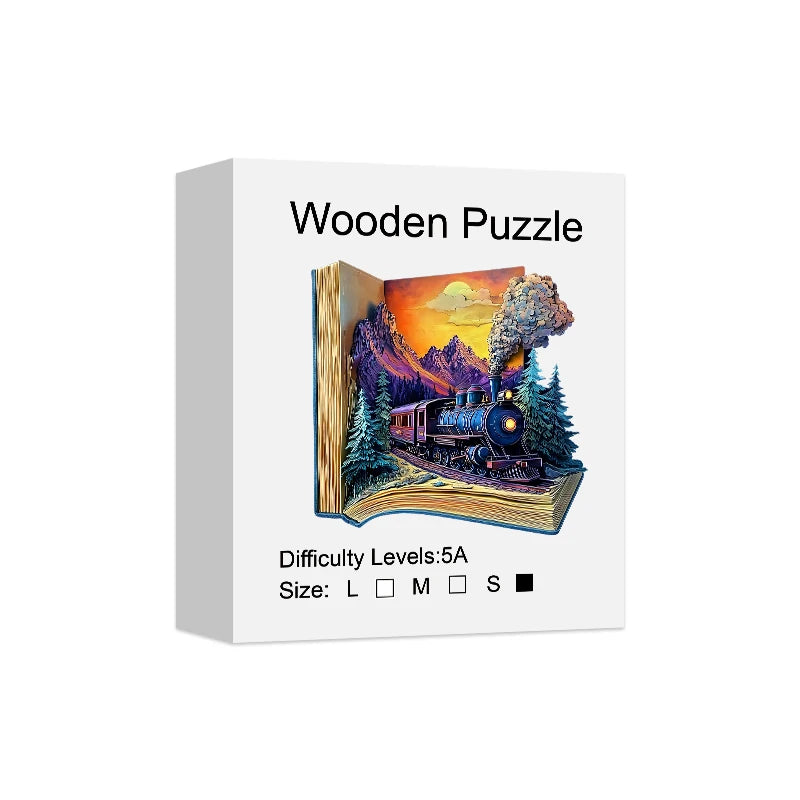 “Train in the Book” Wooden Jigsaw Puzzle — Artistic Modern Décor