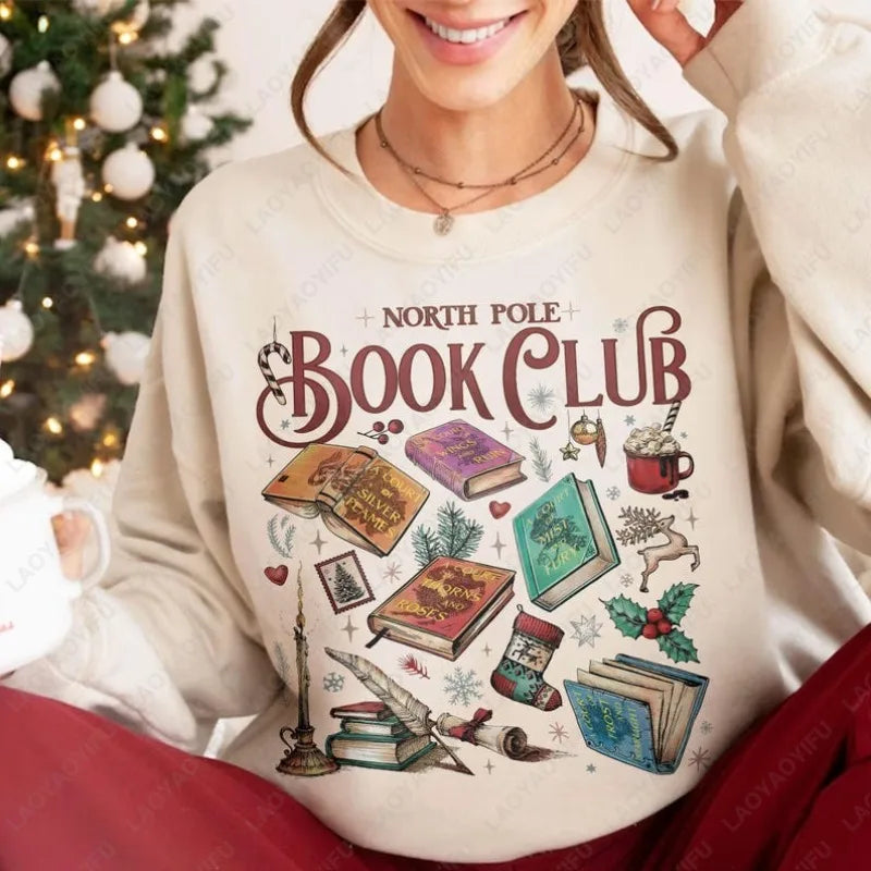North Pole Book Club Christmas Sweatshirt, Cozy Holiday Gift for Readers & Book Lovers (Khaki, Pink, or Black)