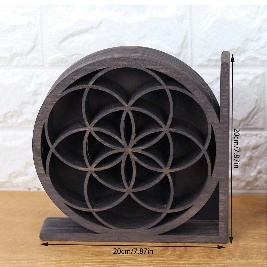 Crystal Shelf Bookends — Sun, Moon & Seed of Life Designs | Wooden Decorative Bookends with Mini Display Shelves for Crystals & Collectibles