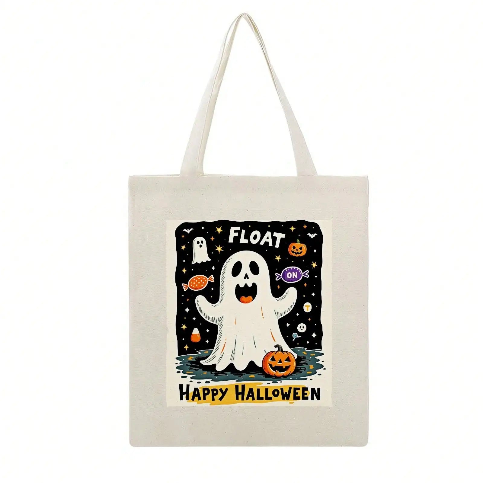 Halloween Reading Canvas Tote — Ghosts, Witches & Pumpkins