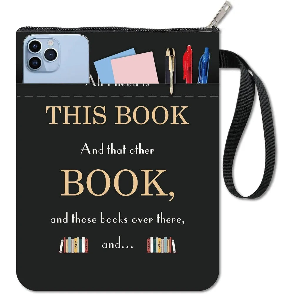 “All I Need Is This Book…” Black Book Sleeve — Zipped, Washable, With Pocket