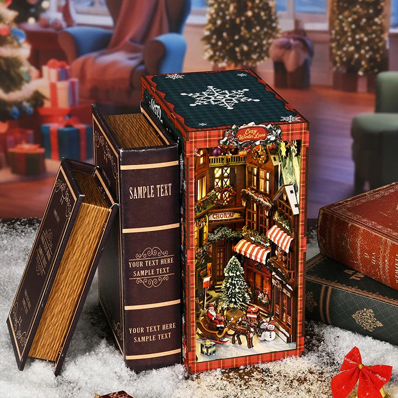 DIY Wooden Book Nook Kit – Christmas Street Corner Miniature Bookend with Light