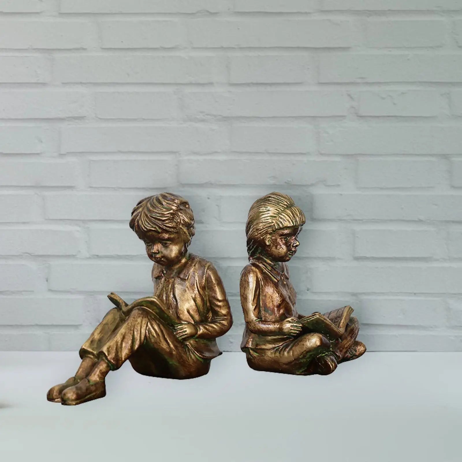 Boy & Girl Reading Bookends — Vintage Resin Shelf Stoppers