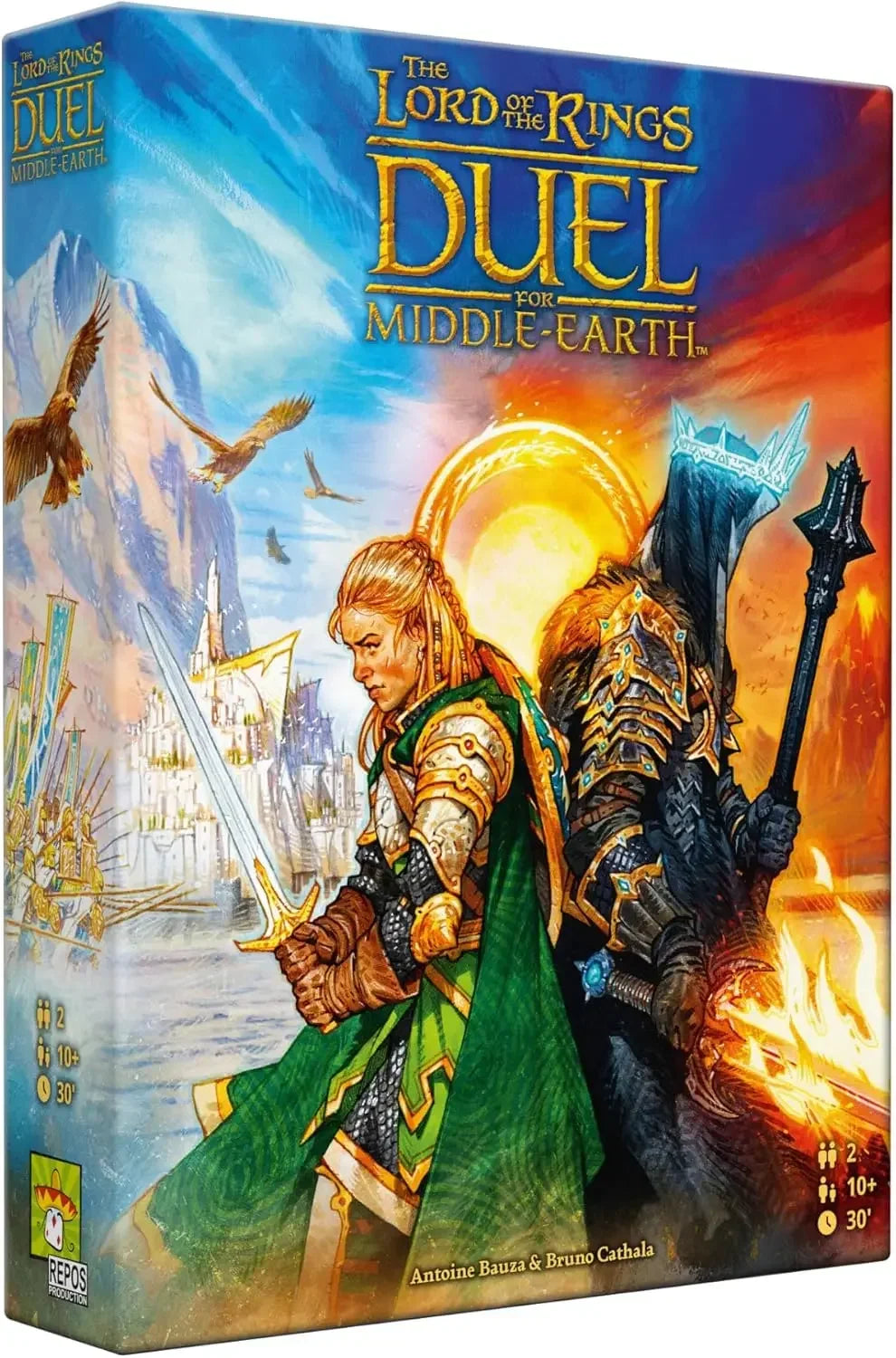 Board game box for 'The Lord of the Rings Duel in Middle-earth' featuring two characters from the series.