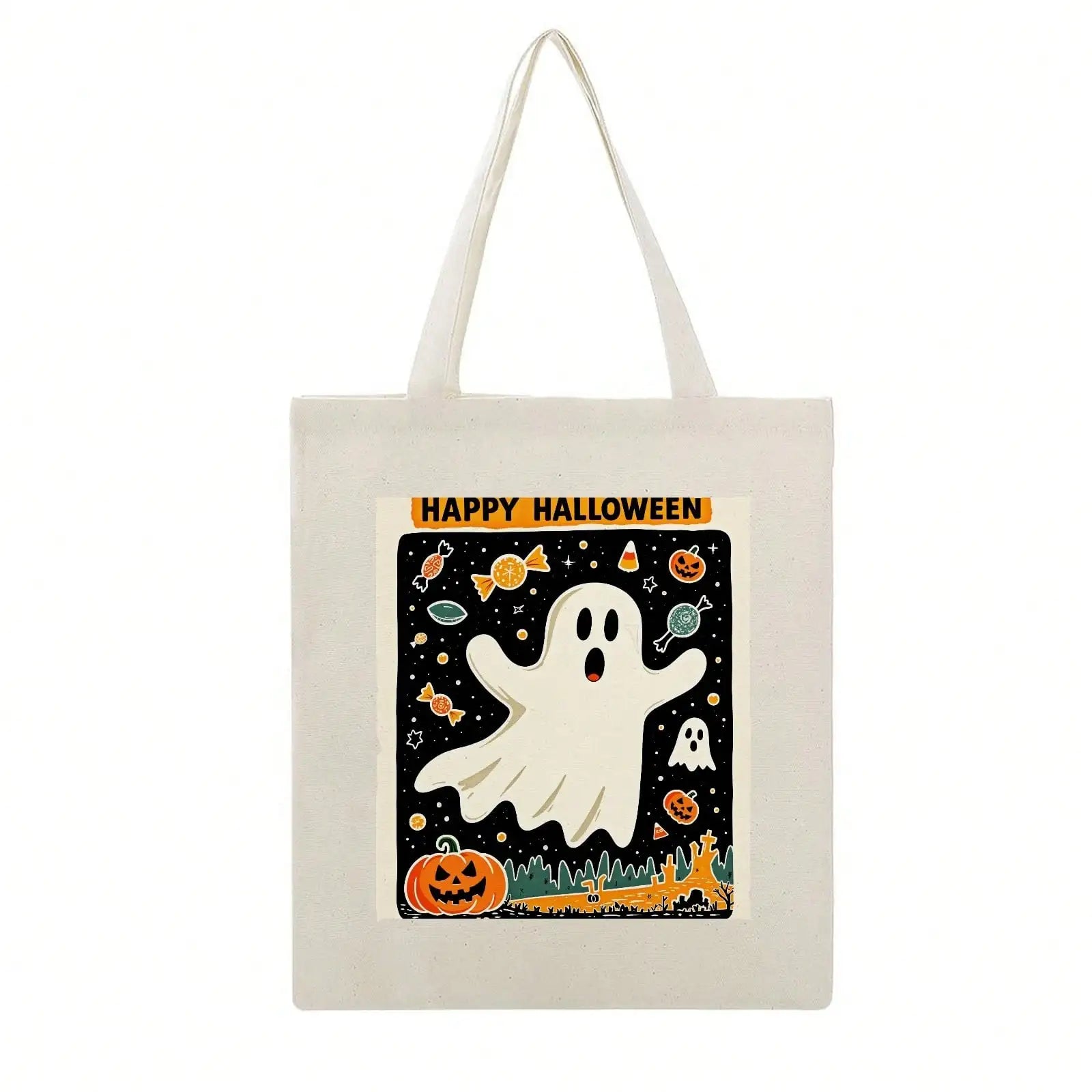 Halloween Reading Canvas Tote — Ghosts, Witches & Pumpkins