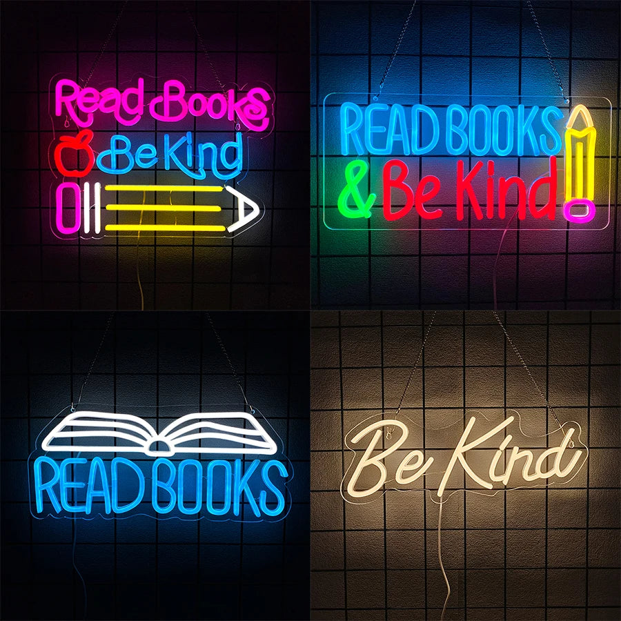 Read Books and Be Kind Neon Sign for Wall Decor, Led Signs for Bedroom Reading Room Classroom Book Party Library Decor Gifts