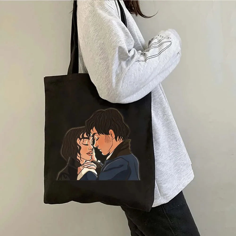 “More Pride, Less Prejudice” Canvas Tote — Jane Austen Cartoon Print