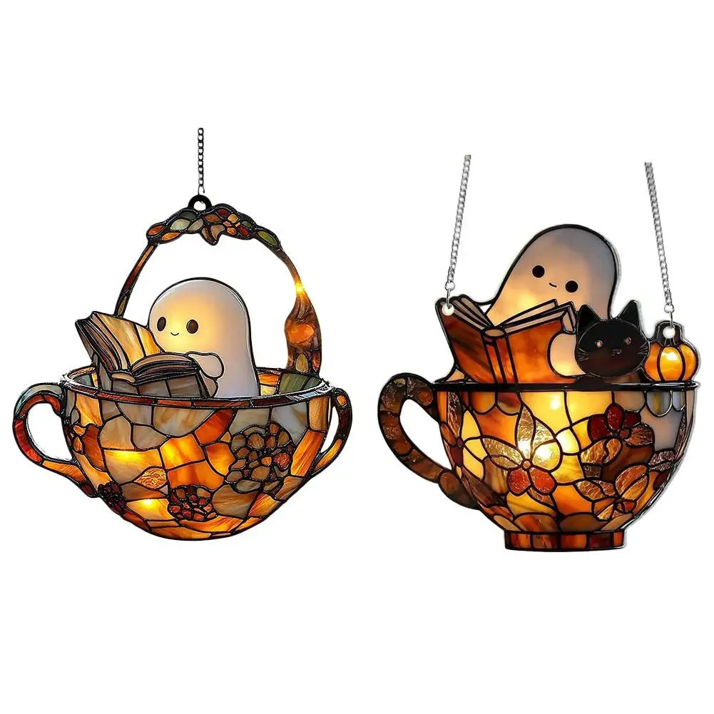 Halloween Reading Ghost Suncatcher — Acrylic Window Pendant