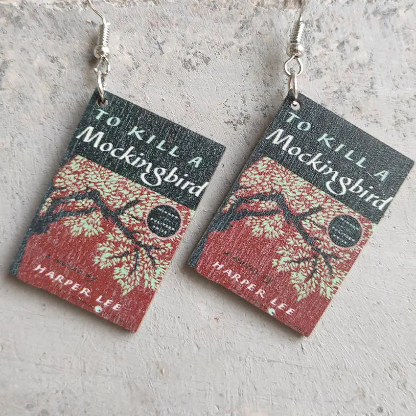 Horror Novel Book Earrings — Wooden Halloween Drop Earrings for Book Lovers & Spooky Style Fans