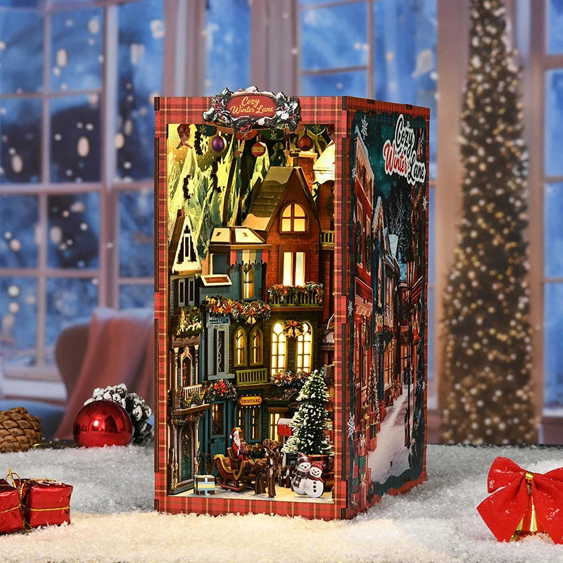 DIY Wooden Book Nook Kit – Christmas Street Corner Miniature Bookend with Light