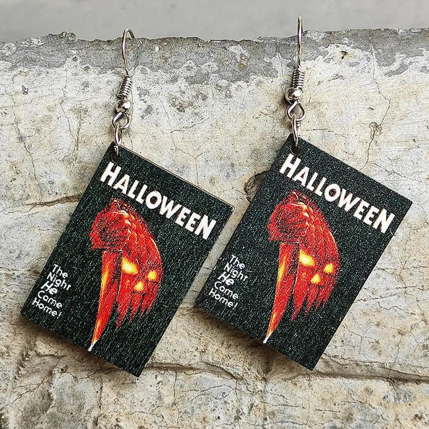 Horror Novel Book Earrings — Wooden Halloween Drop Earrings for Book Lovers & Spooky Style Fans