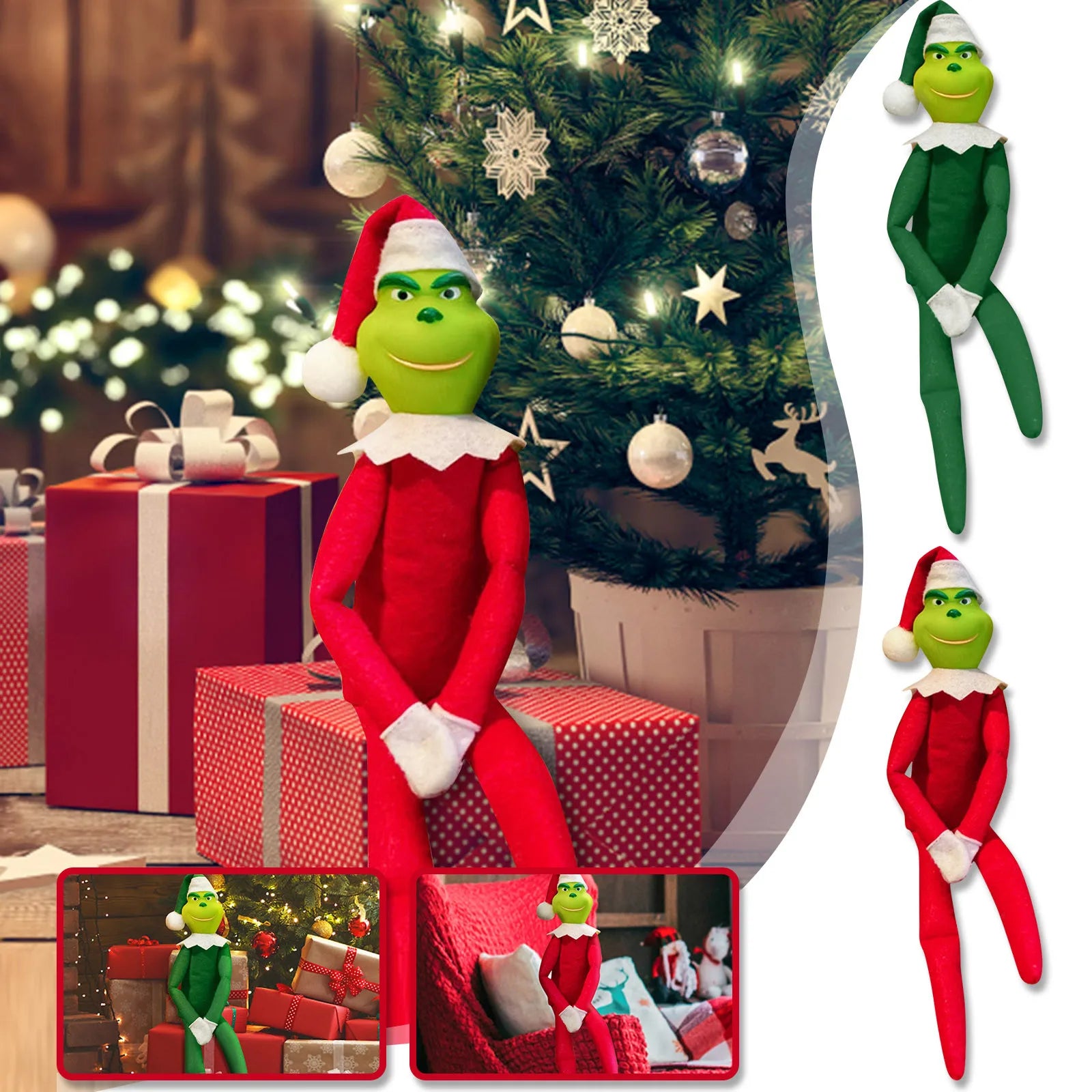 Grinch-Style Christmas Shelf Ornament – Festive Sitting Decoration (Red or Green)