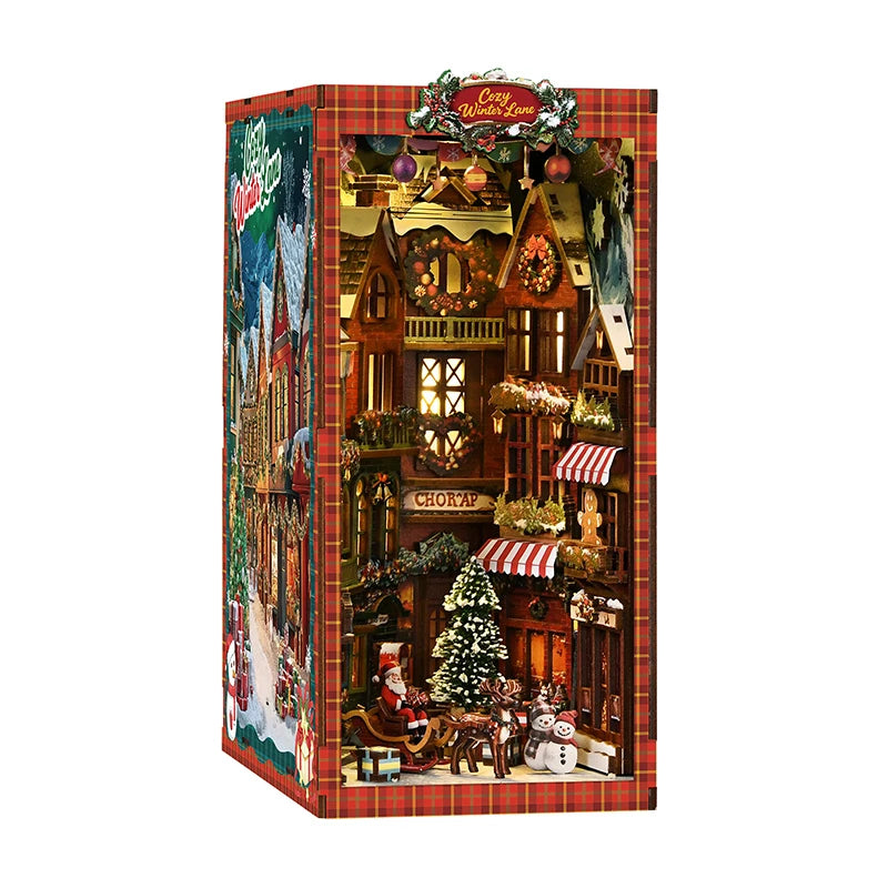 DIY Wooden Book Nook Kit – Christmas Street Corner Miniature Bookend with Light