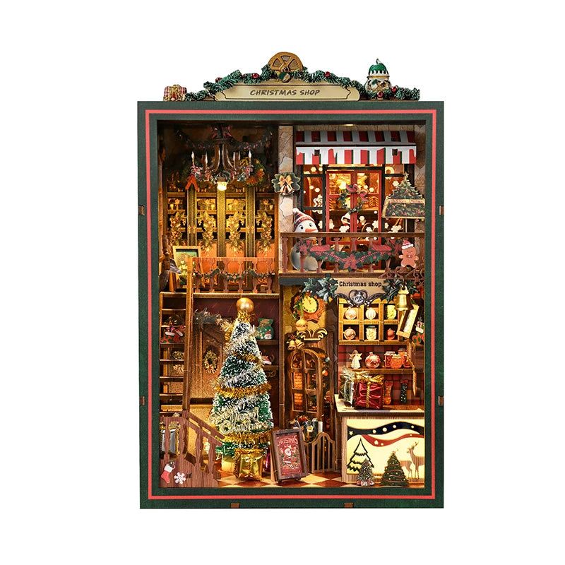 DIY Wooden Christmas Shop Book Nook Kit — Festive Miniature 3D Bookshelf Diorama | Handmade Craft & Bookend Decoration