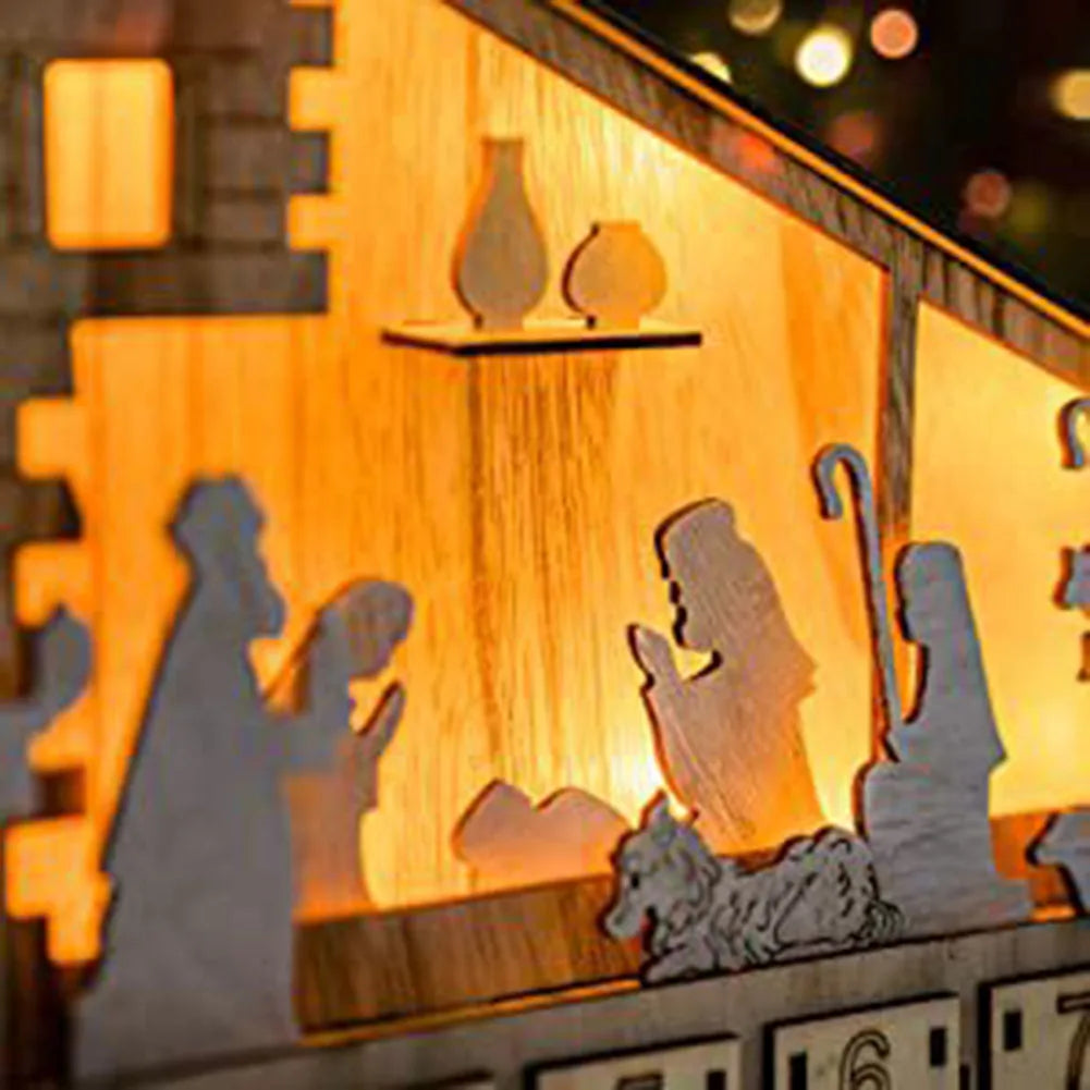 Light-Up Wooden Christmas Countdown Calendar — 24-Day Nativity/Alpine Scene Advent Box