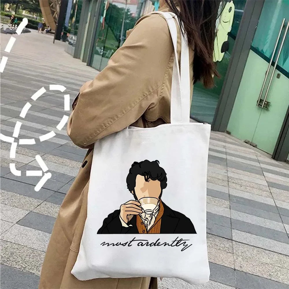 “More Pride, Less Prejudice” Canvas Tote — Jane Austen Cartoon Print