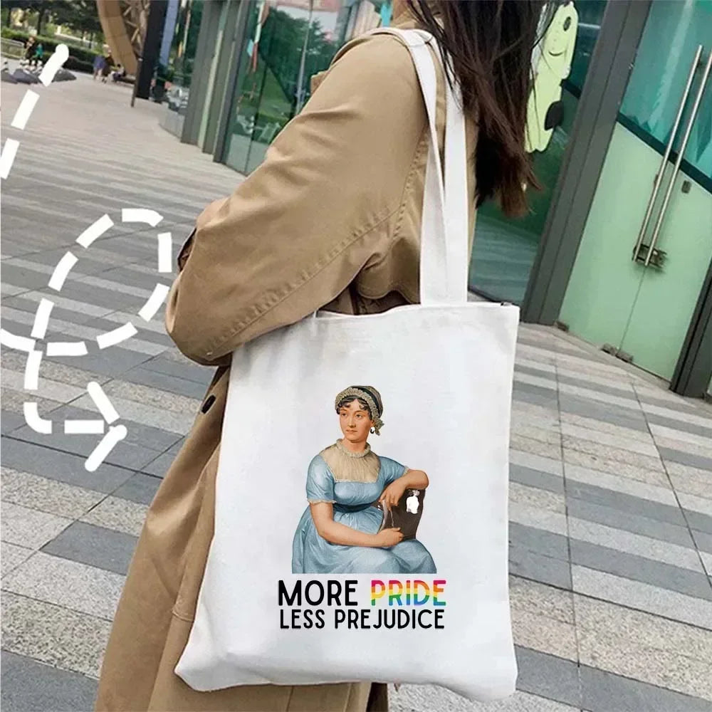 “More Pride, Less Prejudice” Canvas Tote — Jane Austen Cartoon Print