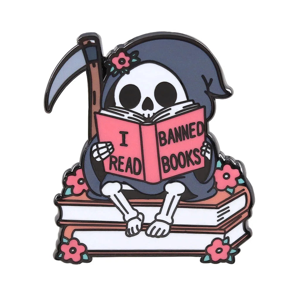 I Read Banned Books — Gothic Skeleton Reader Enamel Pin