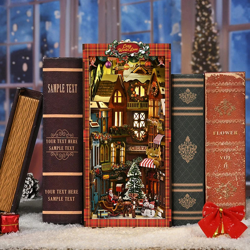 DIY Wooden Book Nook Kit – Christmas Street Corner Miniature Bookend with Light