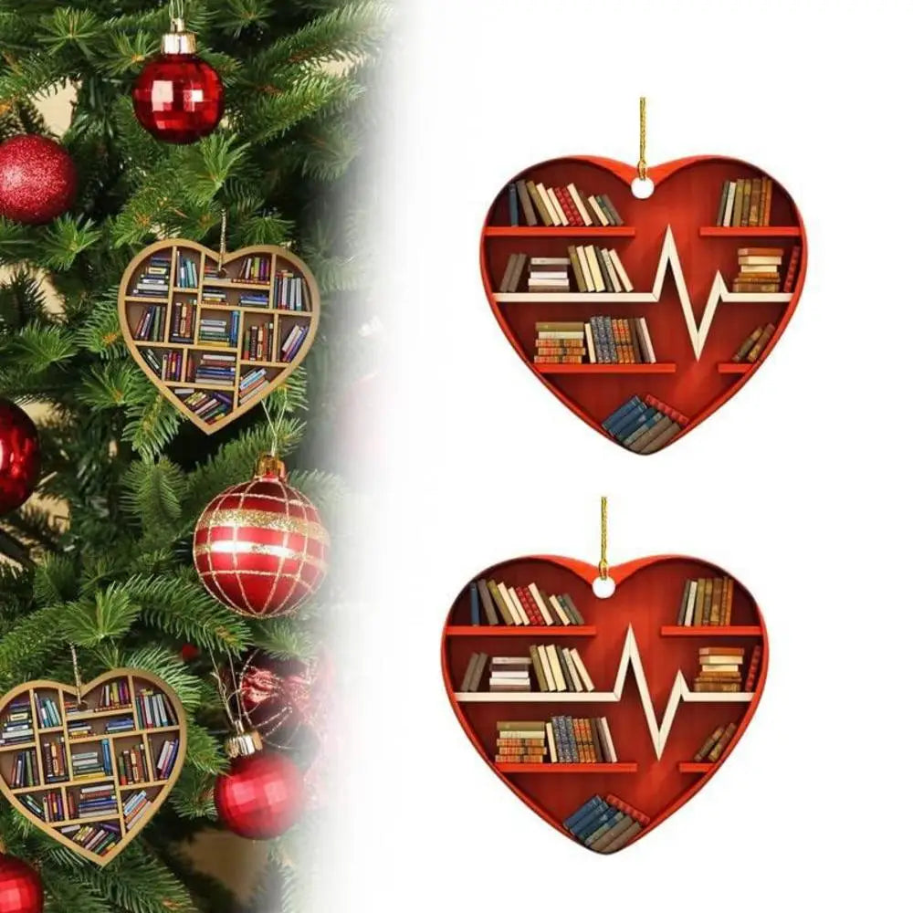 Book Lover Christmas Tree Decorations, Acrylic Hanging Ornaments in Bookstore, Shelf & Library Designs