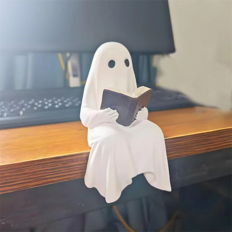 Reading Ghost Resin Statue — Spooky-Cute Literary Charm