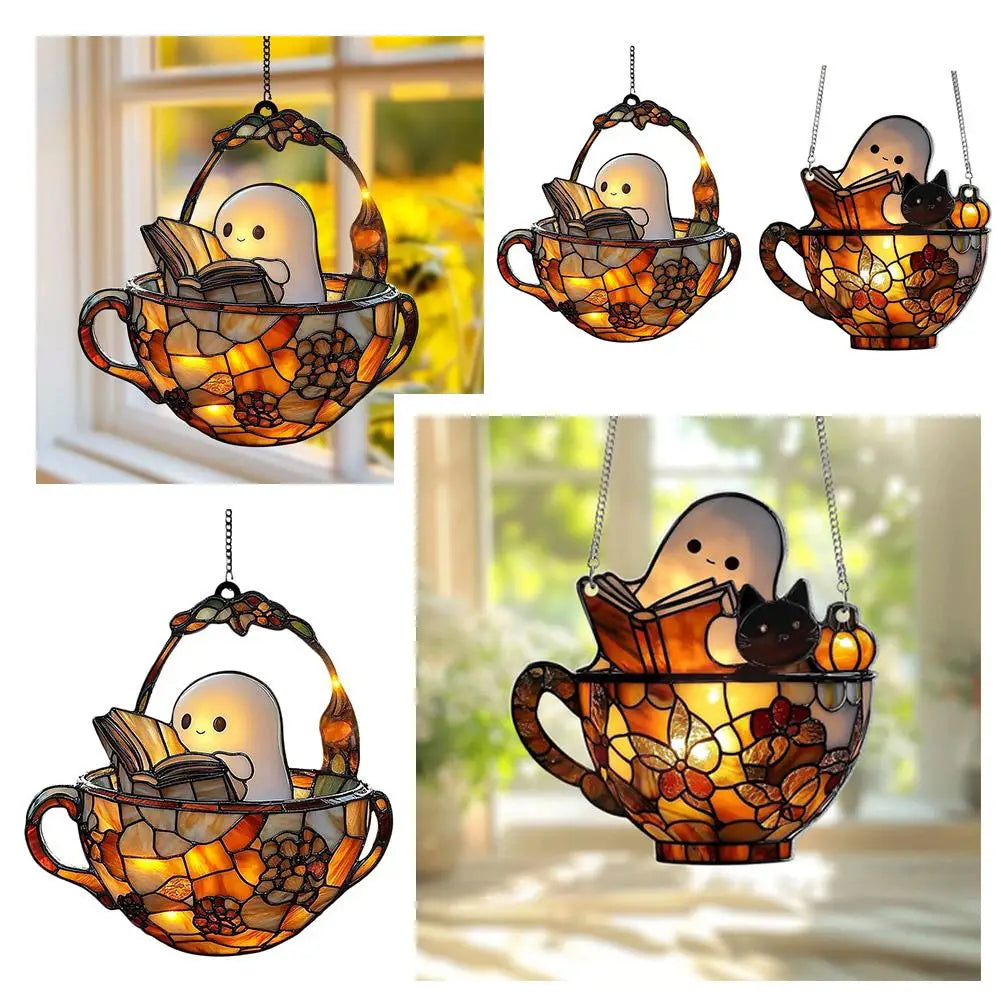 Halloween Reading Ghost Suncatcher — Acrylic Window Pendant