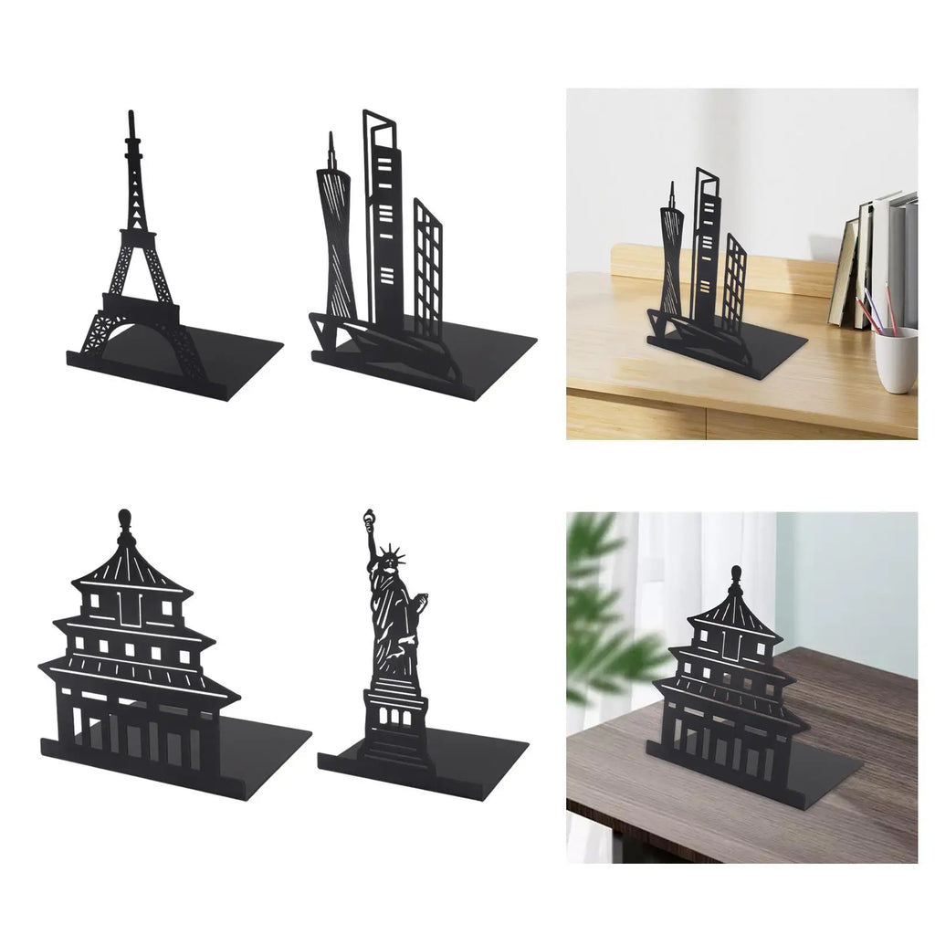 World Landmark Metal Bookends — Eiffel Tower, Statue of Liberty, Pagoda, or City Skyline