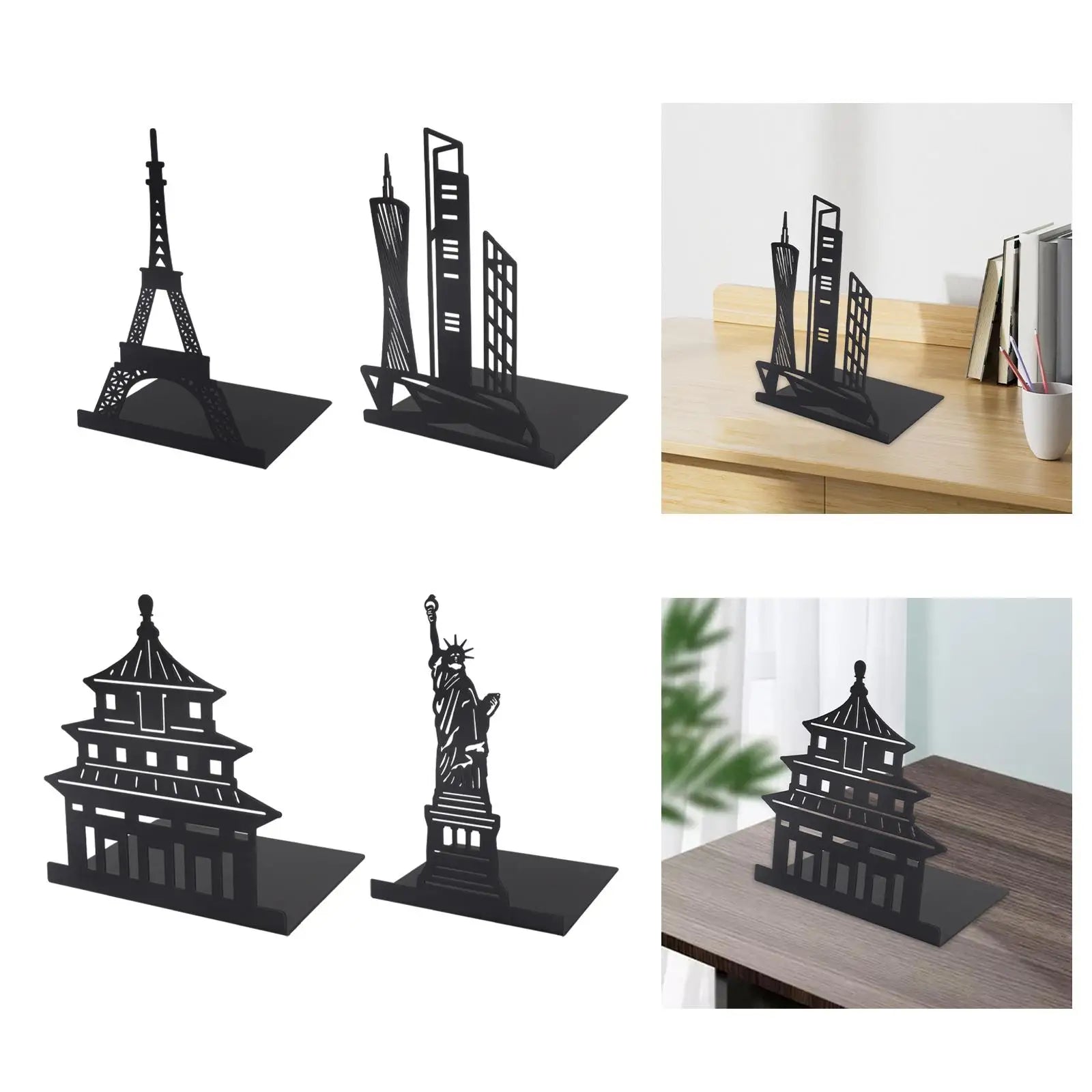 World Landmark Metal Bookends — Eiffel Tower, Statue of Liberty, Pagoda, or City Skyline