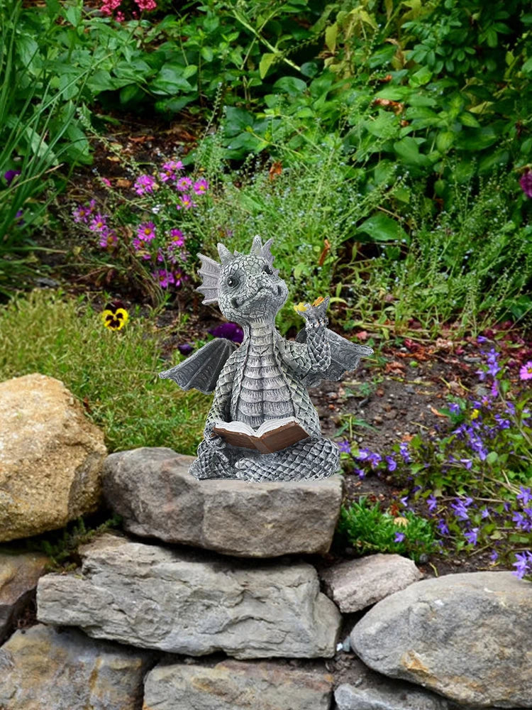 Reading Dragon Resin Statue — Whimsical Indoor & Outdoor Décor