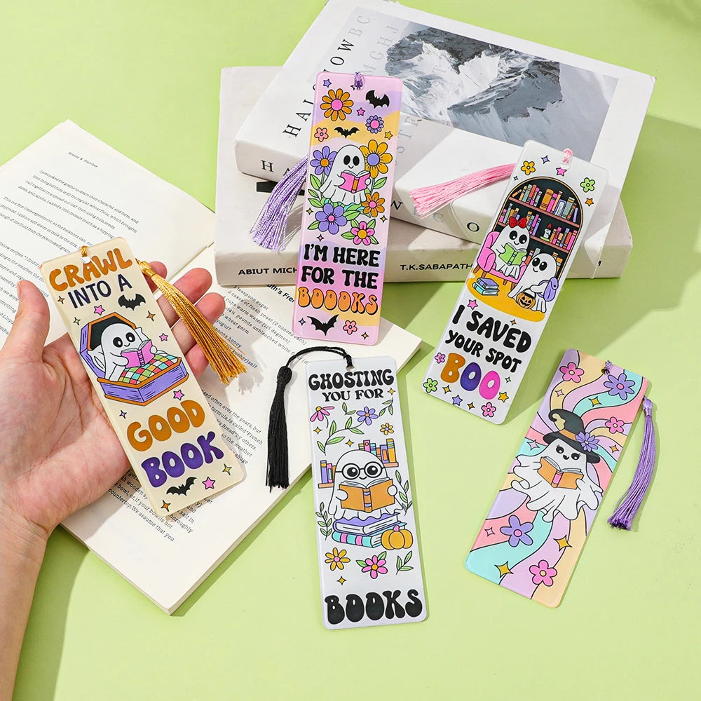 Halloween Ghost Acrylic Bookmark — Tassel Charm Page Marker