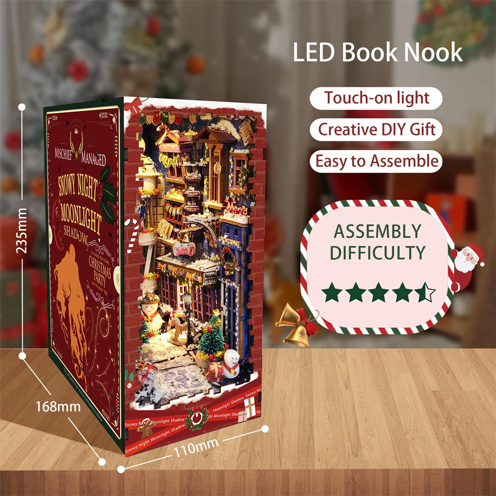 “Snowy Night Moonlight Shadow” DIY Wooden Book Nook — Handcrafted Bookshelf Insert Kit for Christmas & Home Décor