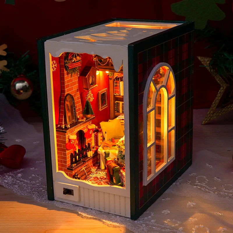 DIY Christmas Book Nook Cabin Kit — Miniature Wooden Bookshelf Insert with Touch Light | Festive Bookstand Craft & Decoration