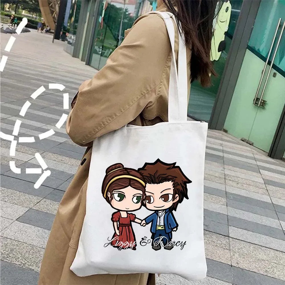 “More Pride, Less Prejudice” Canvas Tote — Jane Austen Cartoon Print