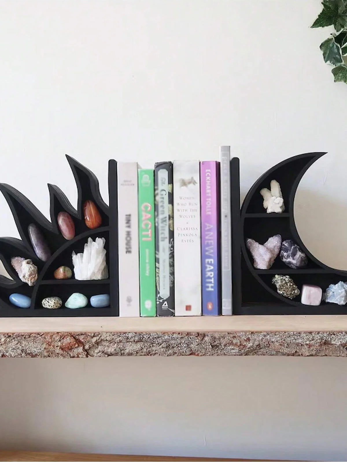 Crystal Shelf Bookends — Sun, Moon & Seed of Life Designs | Wooden Decorative Bookends with Mini Display Shelves for Crystals & Collectibles