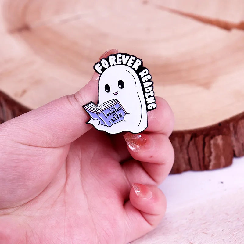Ghost Reading Enamel Pin — Kawaii Book-Loving Spirit