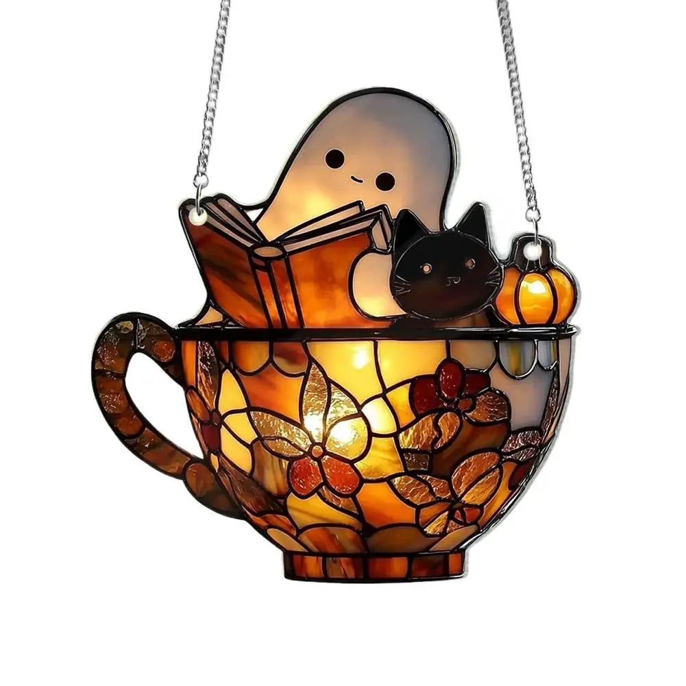 Halloween Reading Ghost Suncatcher — Acrylic Window Pendant