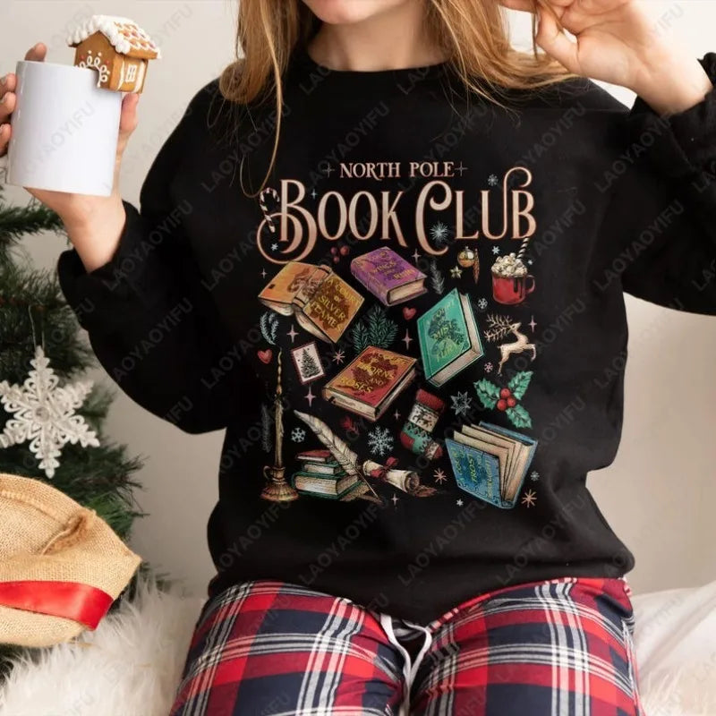 North Pole Book Club Christmas Sweatshirt, Cozy Holiday Gift for Readers & Book Lovers (Khaki, Pink, or Black)
