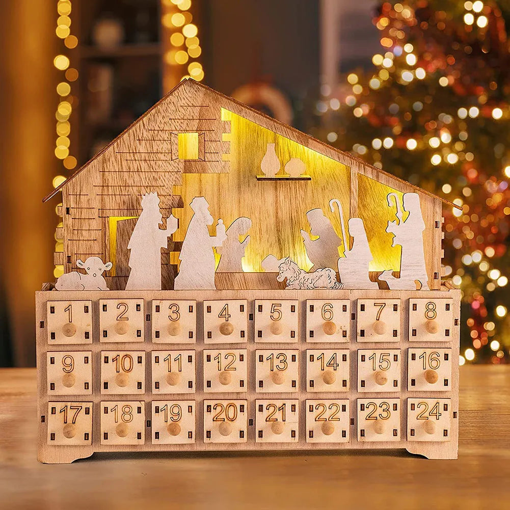 Light-Up Wooden Christmas Countdown Calendar — 24-Day Nativity/Alpine Scene Advent Box
