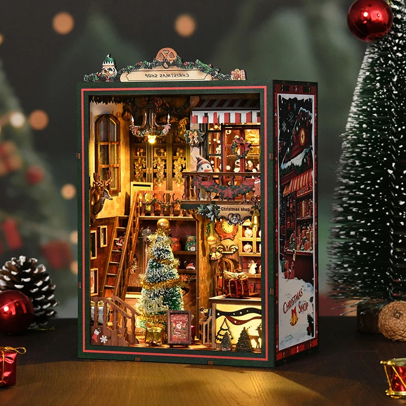 DIY Wooden Christmas Shop Book Nook Kit — Festive Miniature 3D Bookshelf Diorama | Handmade Craft & Bookend Decoration