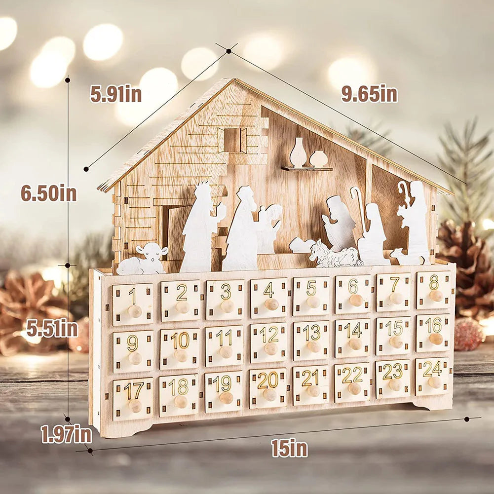 Light-Up Wooden Christmas Countdown Calendar — 24-Day Nativity/Alpine Scene Advent Box
