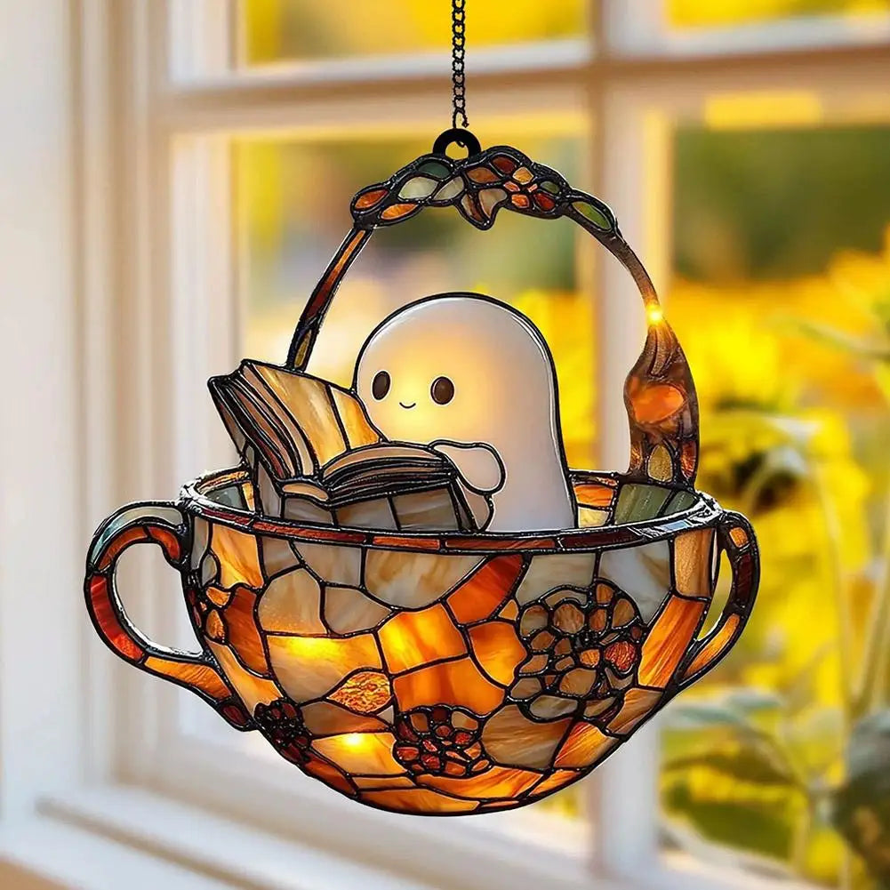 Halloween Reading Ghost Suncatcher — Acrylic Window Pendant